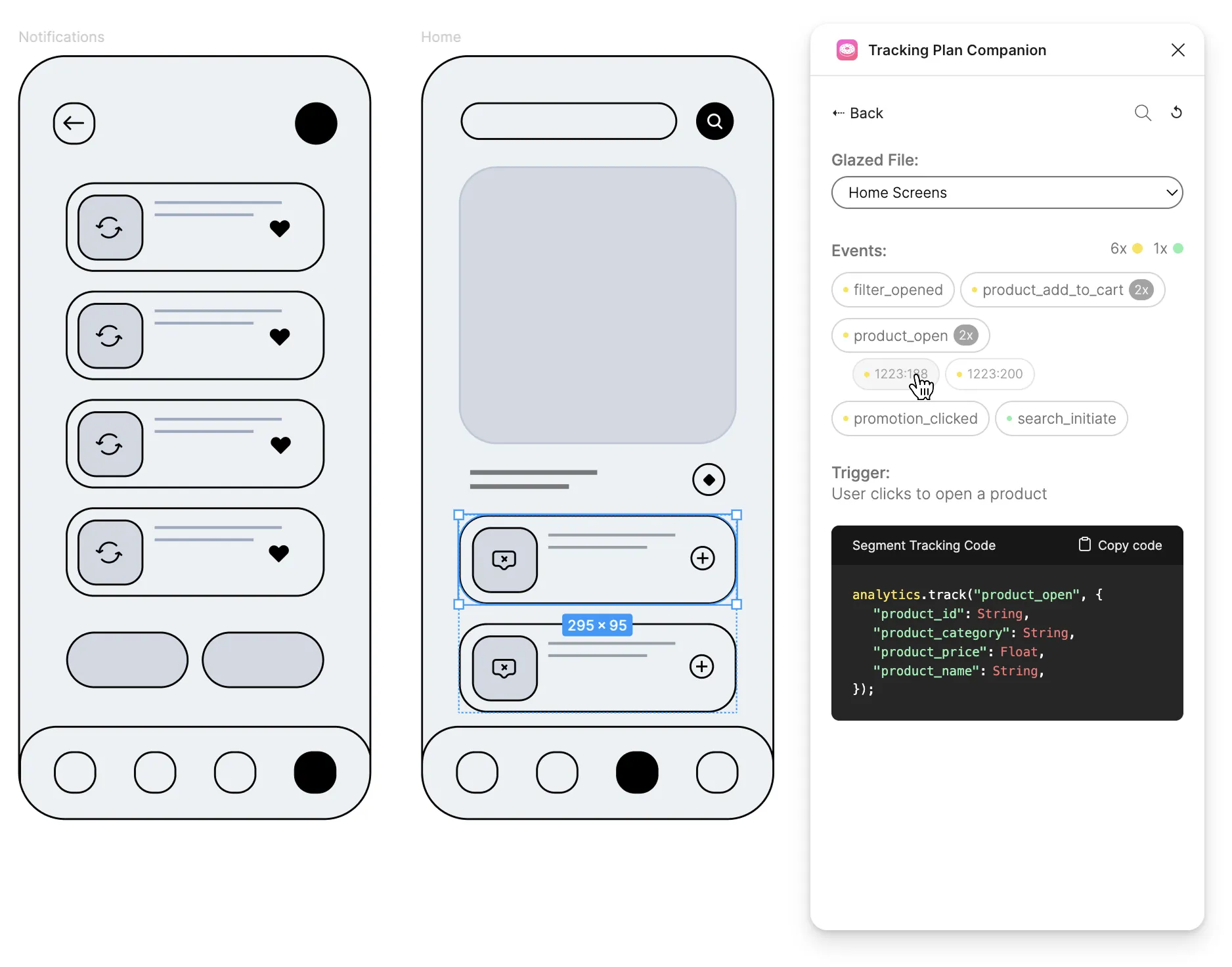 Figma plugin showing developer implementation specs for analytics tracking handoff